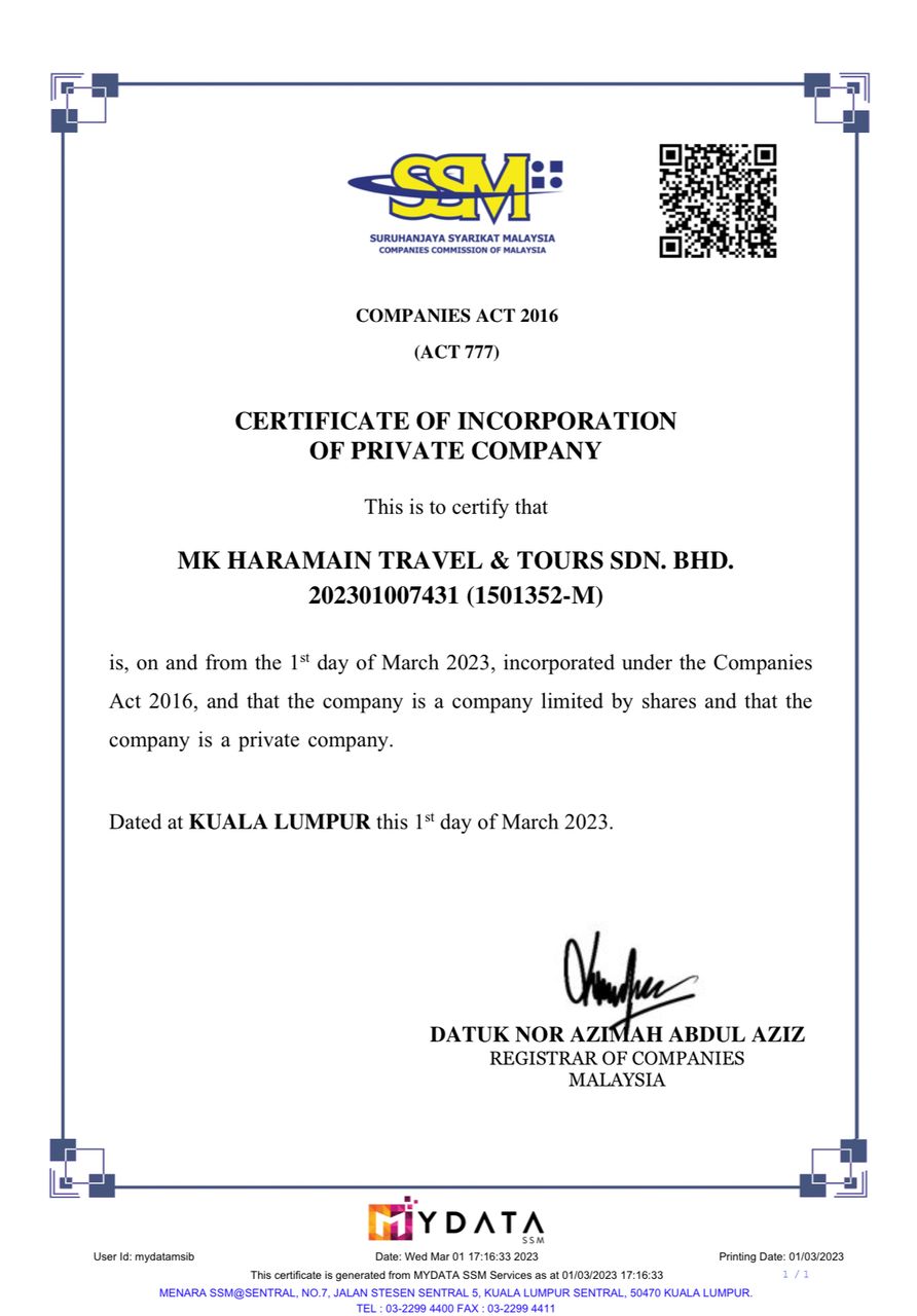 SSM MK HARAMAIN Sijil SSM MK Haramain