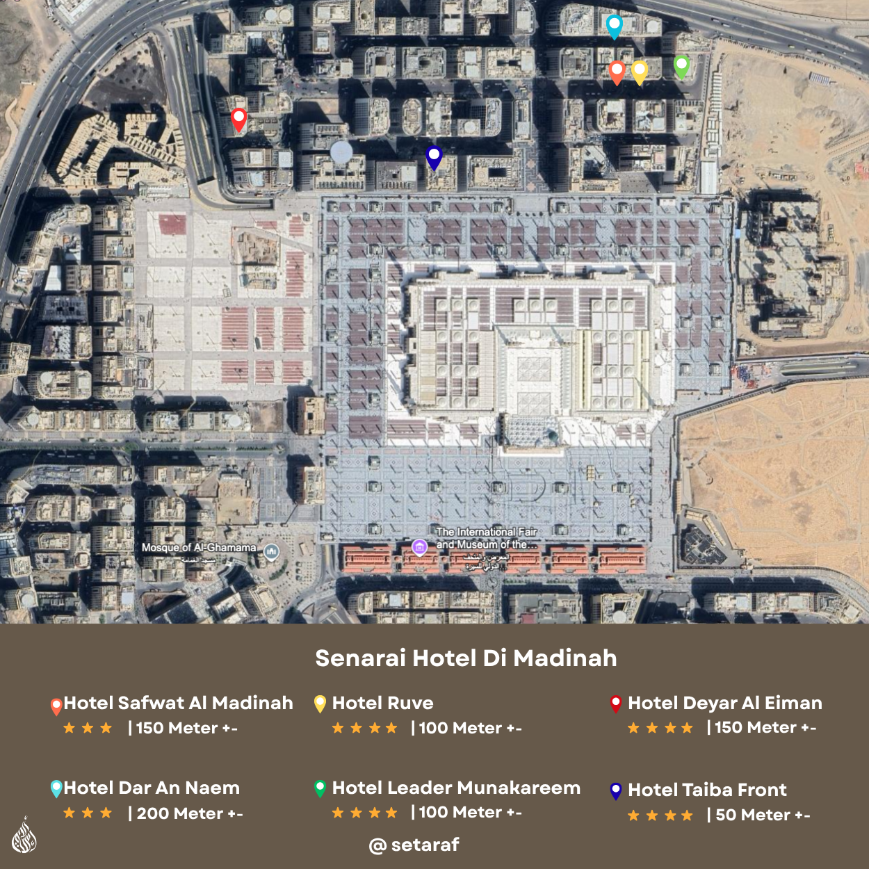 Peta Hotel Madinah Peta hotel dekat Masjid Nabawi Ruve/Leader/Taiba Front 100m, Deyar Al Eiman 150m