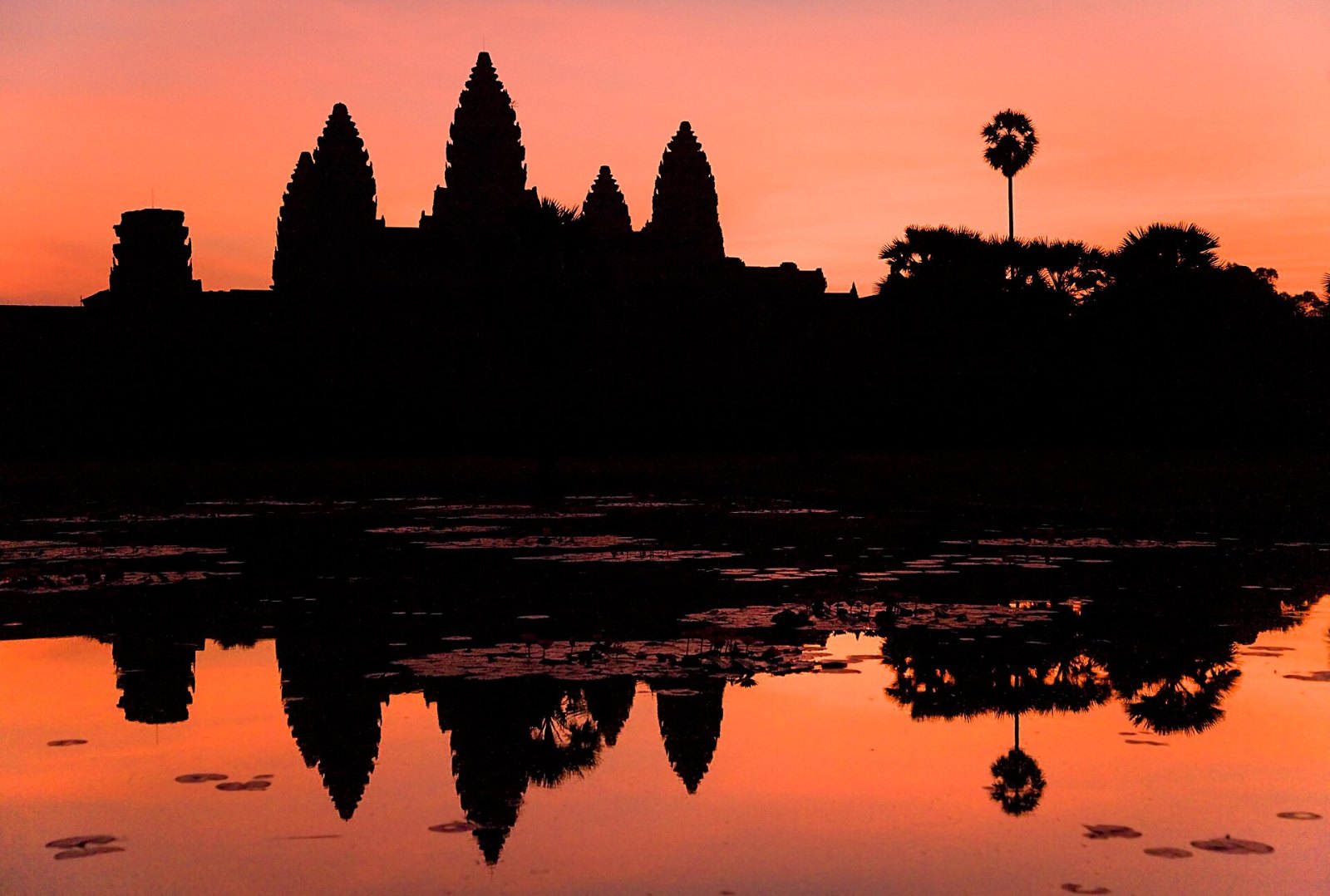 Siluet Angkor Wat ketika matahari terbit, terpantul di kolam