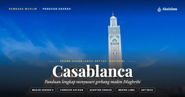 Menara Masjid Hassan II di Casablanca Morocco, kulit panduan daerah Kembara Muslim AkuIslam