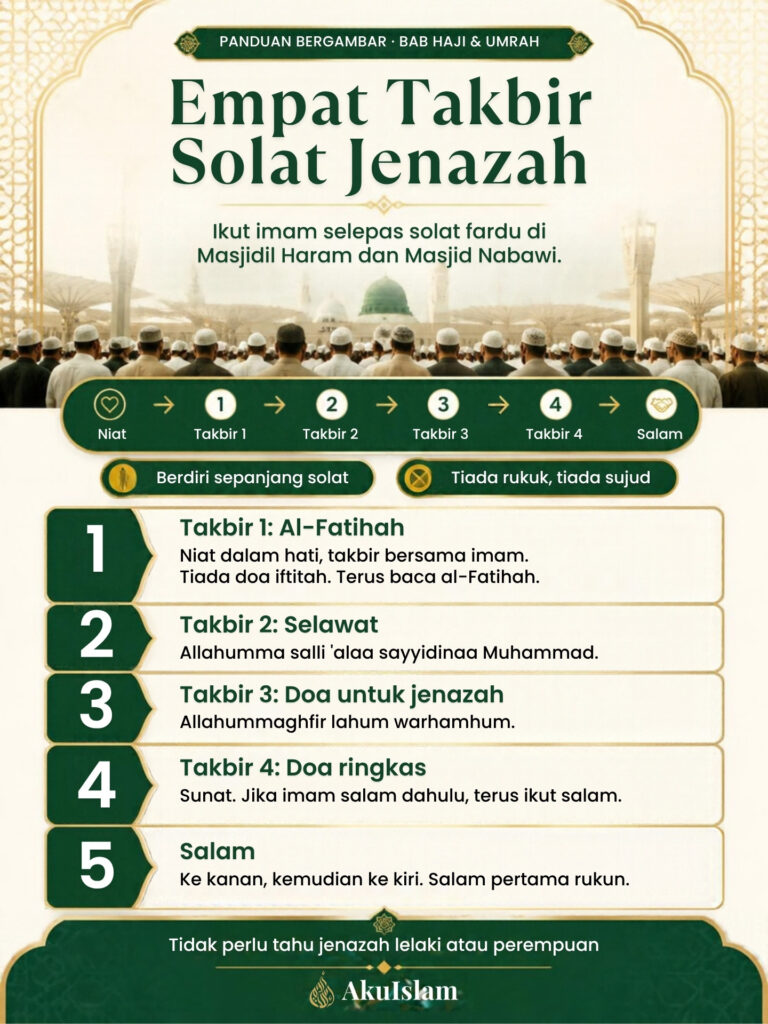 Infografik empat takbir solat jenazah: niat, al-Fatihah, selawat, doa untuk jenazah, doa ringkas dan salam