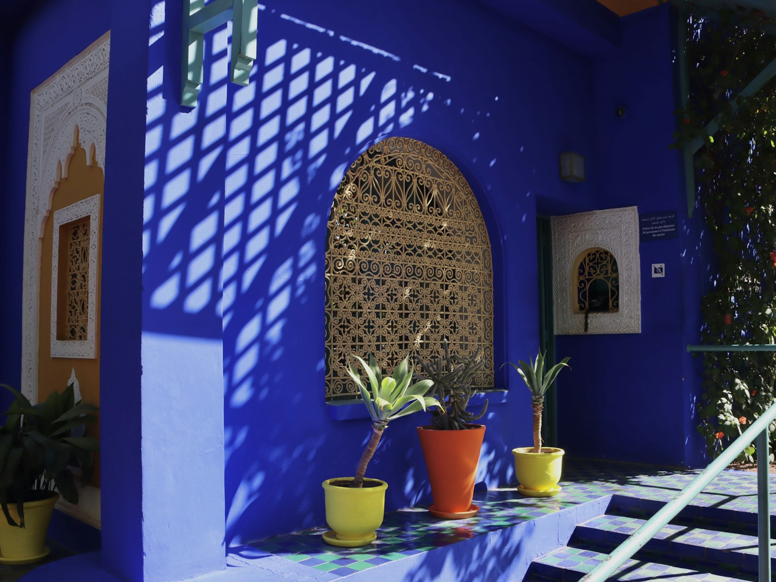 Dinding biru Majorelle dan pasu berwarna di Jardin Majorelle Marrakech