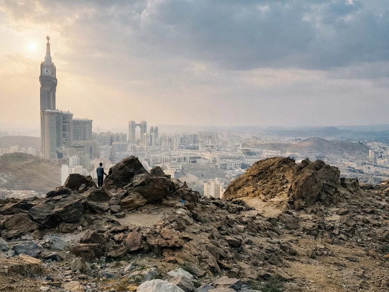 Batu-batan bukit di pinggir Mekah dengan kota dan menara jam di kejauhan