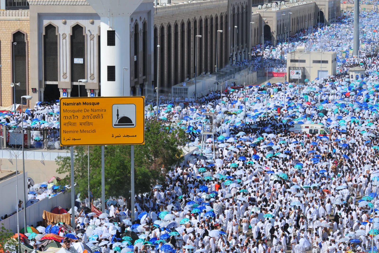 Ribuan jemaah haji berpayung di kawasan Masjid Namirah pada Hari Arafah