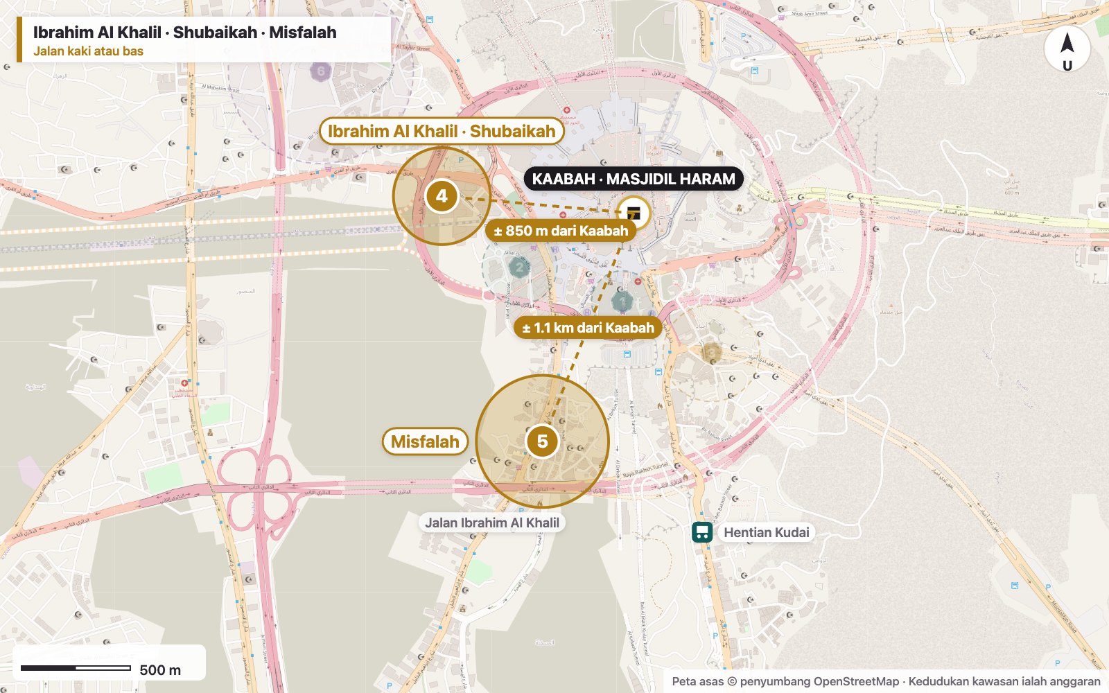 Peta kawasan hotel Ibrahim Al Khalil, Shubaikah dan Misfalah di barat dan barat daya Masjidil Haram