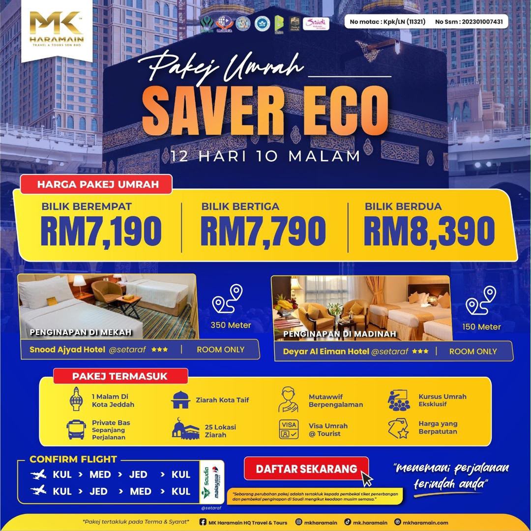 Poster Pakej Umrah Saver Eco MK Haramain 12 hari 10 malam, harga bermula RM7,190 seorang