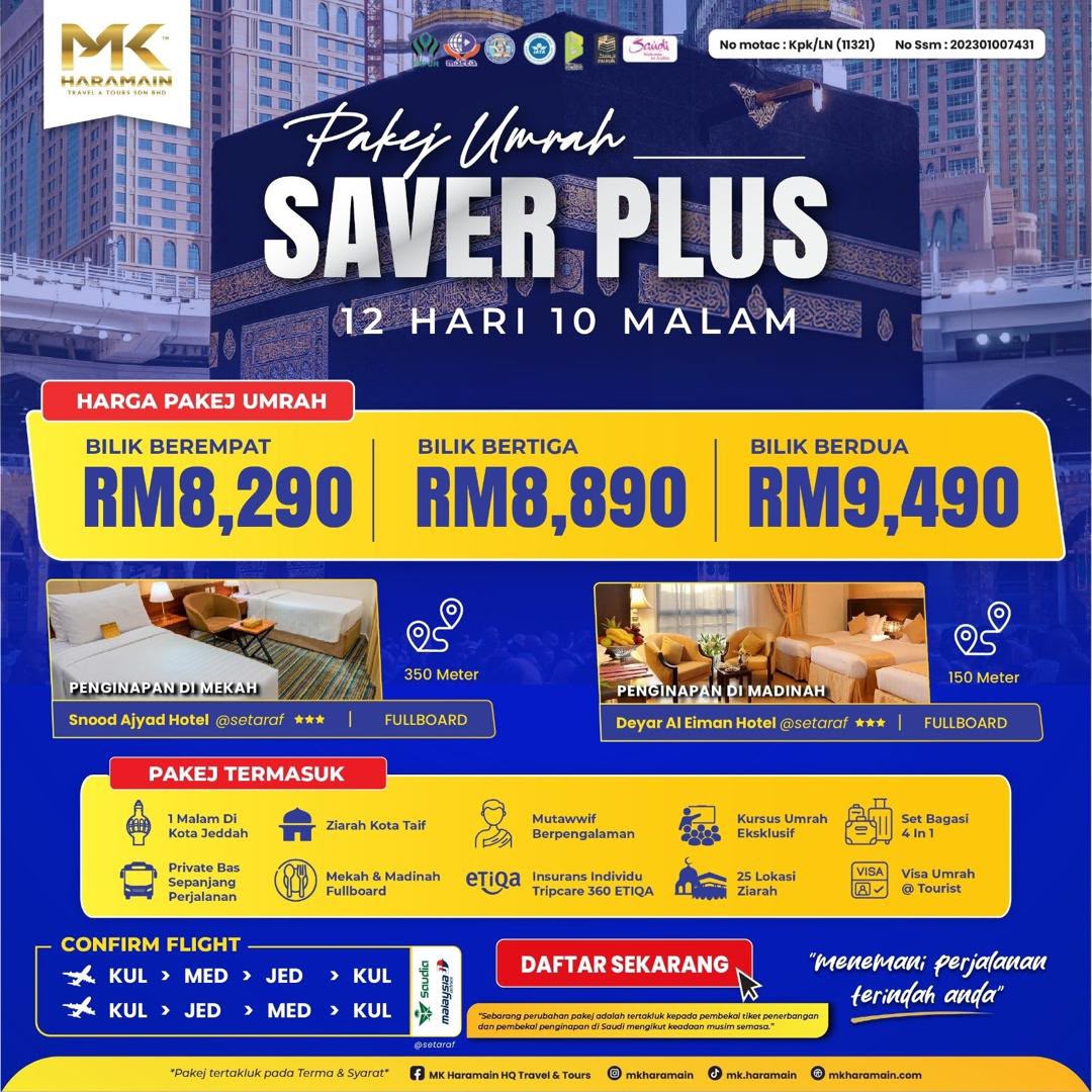 Poster Pakej Umrah Saver Plus MK Haramain 12 hari 10 malam, harga bermula RM8,290 seorang